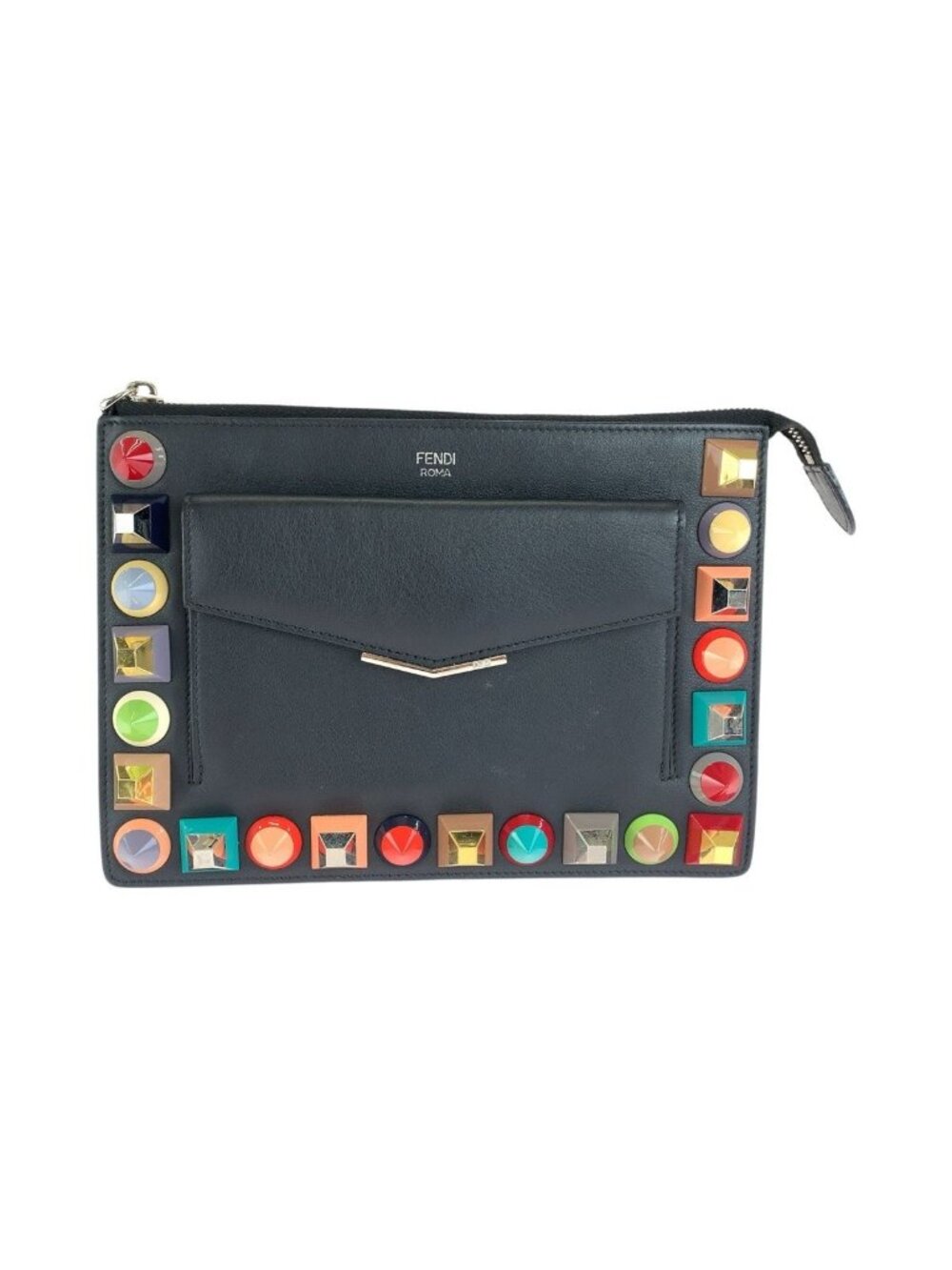 Fendi Toujours Black Silver Leather Clutch